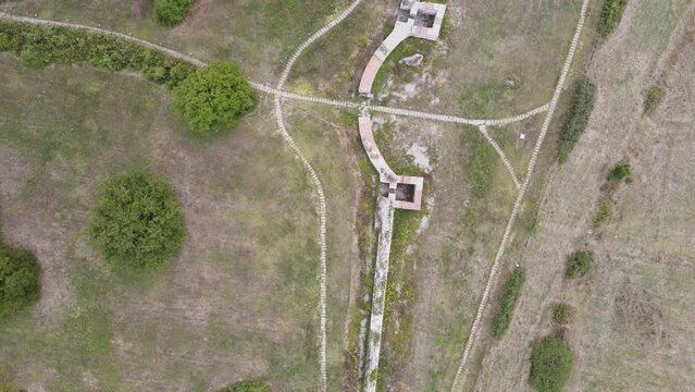 Aerial view of ruins of ancient Roman city Nicopolis ad Nestum near town of Garmen, Blagoevgrad Region, Bulgaria