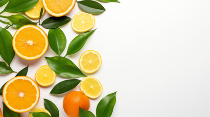 Fresh Citrus Slices and Green Leaves on White Background, Vibrant Tropical Fruit Composition with Copy Space for Text or Promotion, Healthy and Organic Citrus Concept for Nutrition Advertising.