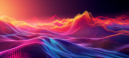 a red, orange, and blue wave with purple over it, in the style of landscapes in motion, accurate topography, futuristic cyberpunk.