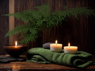Obraz na płótnie Canvas Candlelit Elegance Retreat - Wooden Background, Towel, Candles, and Hot Stone. Immerse Yourself in One-Person Massage Therapy with Beauty Spa Treatment
