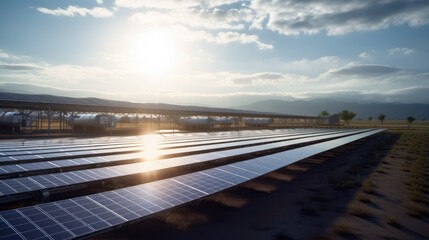 Solar energy panels in a solar power plant with blue sky background