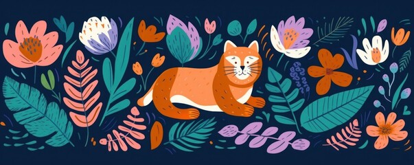 spring pattern with flowers,  leaves and tiger. Spring symbols. Decorative colourful stickers and doodles. Hand-drawn modern illustration, Generative AI 