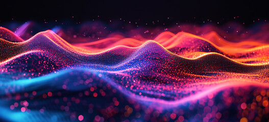 a red, orange, and blue wave with purple over it, in the style of landscapes in motion, accurate topography, futuristic cyberpunk. - obrazy, fototapety, plakaty