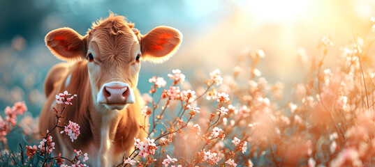 banner of little cow on the spring flower background	 - obrazy, fototapety, plakaty