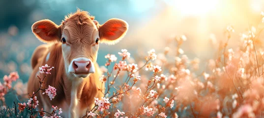 Foto op Plexiglas banner of little cow on the spring flower background  © Kateryna Kordubailo