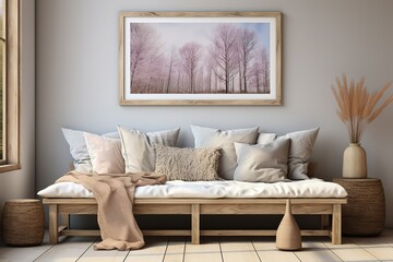 Modern bright interior with empty frame . 3D rendering