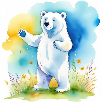 White bear cub on sunny summer field. Watercolor cute polar bear standing on grassy lawn painting. Ai generated illustration.
