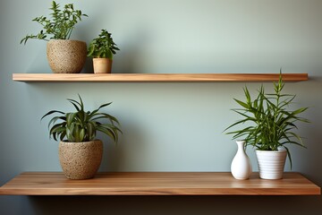 Wooden bookcase with alarm clock and houseplants near light wall