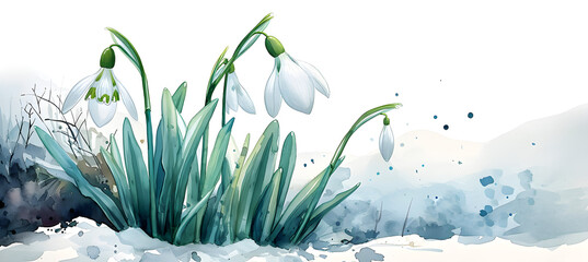 Watercolour illustration of snowdrops. First spring flowers concept