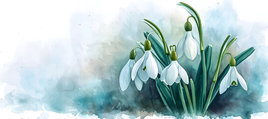 Watercolour illustration of snowdrops. First spring flowers concept