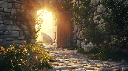 a stone gate in a medieval castle, in the style of realistic rendering, golden light, photo-realistic landscapes - obrazy, fototapety, plakaty
