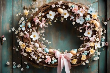 A close-up of a handcrafted Easter wreath with pastel-colored ribbons and delicate flowers, hanging on a rustic wooden door. The details capture the essence of the festive season.