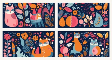 Cute spring pattern collection with cat. Modern posters. Decorative abstract collection with colorful doodles. Hand-drawn modern illustrations with cats, flowers, abstract, Generative AI 