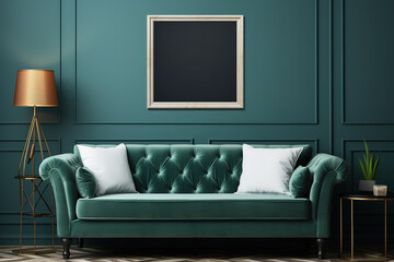 Fototapeta premium New sofa and pouf near green wall