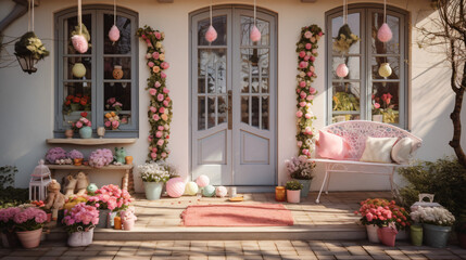 Porch of a house with a beautiful door decorated