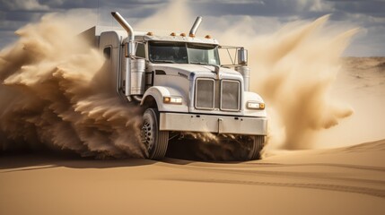 Truck tackling the rugged desert terrain off the main road.