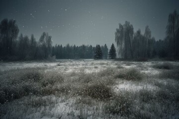 Snowy field, forest, dark clouds, blizzard snowflakes. Generative AI - obrazy, fototapety, plakaty