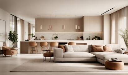 Naklejka na ściany i meble A modern minimalist home interior design with clean lines, sleek furniture, and neutral color palette, featuring an open-concept living space connected to a spacious kitchen, bathed in natural light