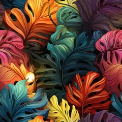 Multi-colored tropical leaves, seamless, pattern, fabric, tile, background, carpet, wallpaper, clothing, sarong, packaging, batik	