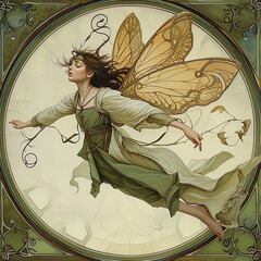 Flying fairy with blonde hair and butterfly wings.