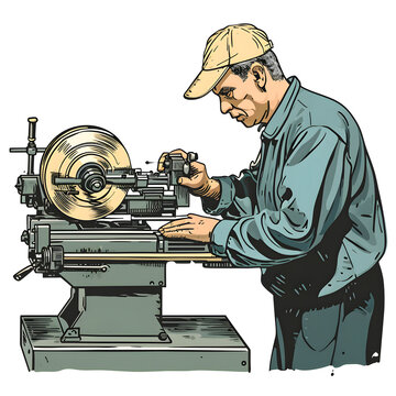Worker operating a lathe machine isolated on white background, hand drawn, png
