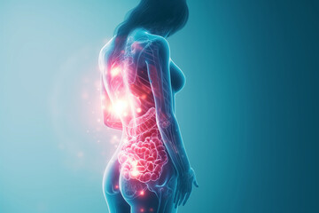 Schematic depiction of female body, with red color showing inflammation in her body