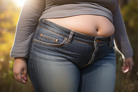 Overweight woman with belly fat in jeans