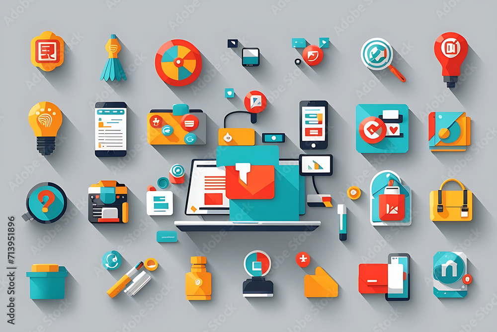 Poster digital marketing flat vector icons designs. digital marketing vector background design with icons d