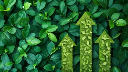 Illustration of upward-pointing arrows made of lush green grass, symbolizing eco-friendly progress, sustainable development, and positive environmental growth trends. - obrazy, fototapety, plakaty