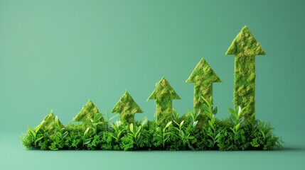 Illustration of upward-pointing arrows made of lush green grass, symbolizing eco-friendly progress, sustainable development, and positive environmental growth trends.