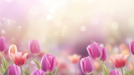 Spring card with tulips and blurred copy space background