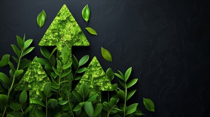 Illustration of upward-pointing arrows made of lush green grass, symbolizing eco-friendly progress, sustainable development, and positive environmental growth trends.