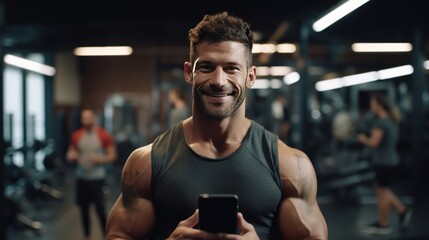 Happy athletic man using mobile phone while working out in gym and looking at camera. - obrazy, fototapety, plakaty