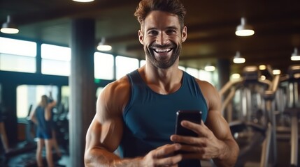 mobile phone while working out in gym and looking at camera. Young man exercise in the gym healthy lifestyle
