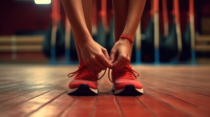 Hands, shoelaces and floor at gym with woman, fitness and ready for workout, wellness or training. Girl, sport shoes or sneakers for exercise, performance or health for lifestyle.