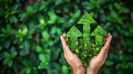 An individual showcasing upward-pointing arrows made of lush green grass, symbolizing the growth and positive momentum in sustainable development and eco-friendly practices. - obrazy, fototapety, plakaty