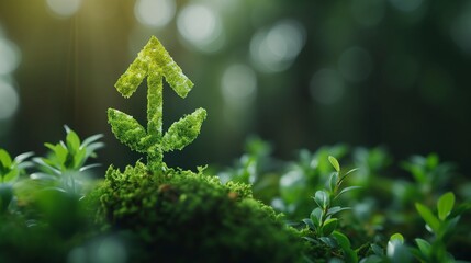 Illustration of upward-pointing arrows made of lush green grass, symbolizing eco-friendly progress, sustainable development, and positive environmental growth trends.