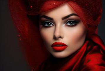 An exquisite woman adorned with captivating makeup, particularly showcasing beautiful red lipstick. Embodying the essence of style, beauty, and fashion.