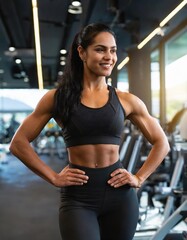 Fototapeta premium Fit woman with flexing muscles in gym wear