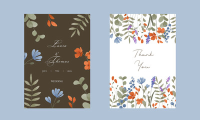 Set of vector postcards. Wedding invitation. Watercolor flowers. Blue-orange flowers