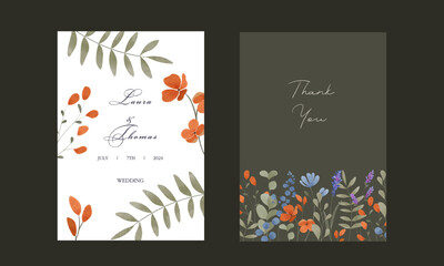 Set of vector postcards. Wedding invitation. Watercolor flowers. Blue-orange flowers