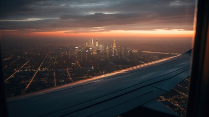 Fototapeta premium View from the window of an airplane flying over the city at sunset