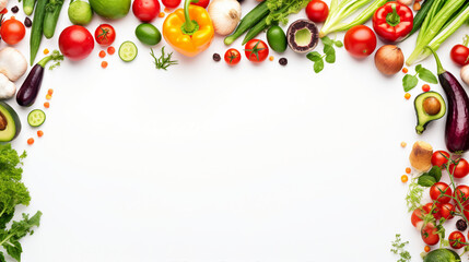 Fresh Organic Vegetables on White Background - Top View Flat Lay Frame for Raw Salad Ingredients with Copyspace, Perfect for Text and Promotional Content.