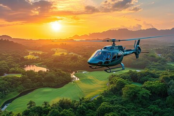 A modern helicopter flying above a vast beautiful golf course, sunny day
