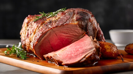 Delicious standing rib roasted with cut off slice on wood cutting board. Holiday meal for family dinner celebrations - obrazy, fototapety, plakaty