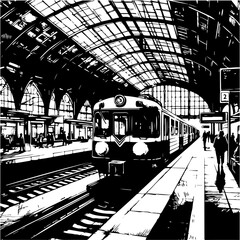 Black and White Hand-Drawn Illustration of a Train at the Station vector design