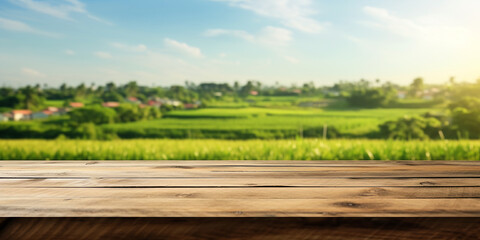 Blurred nature background with green meadow blue sky sunny day with empty plank wood table in the forefront for product placement presentation