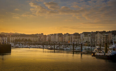 Sunset in the harbour in Dieppe, France