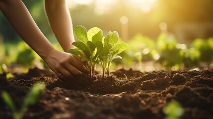 Hand farmers planting mustard in vegetable garden. Healthy food and vegan food dieting concept. Created with Generative AI - obrazy, fototapety, plakaty