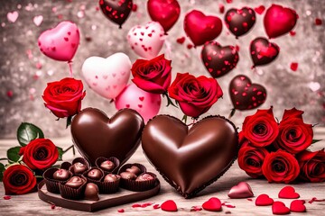 Valentine’s Day Celebration with Heart-Shaped Chocolates, Red Roses, and Decorative Heart Balloons on a Wooden Surface